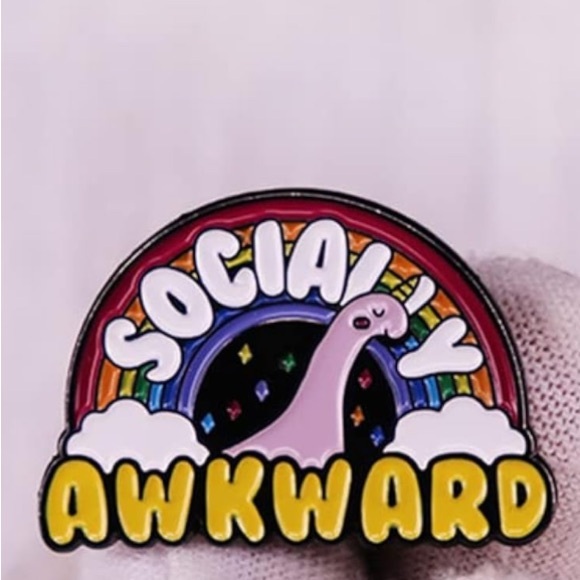 “Socially Awkward” Rainbow Dinosaur Enamel Pin Cute Funny - Picture 5 of 5